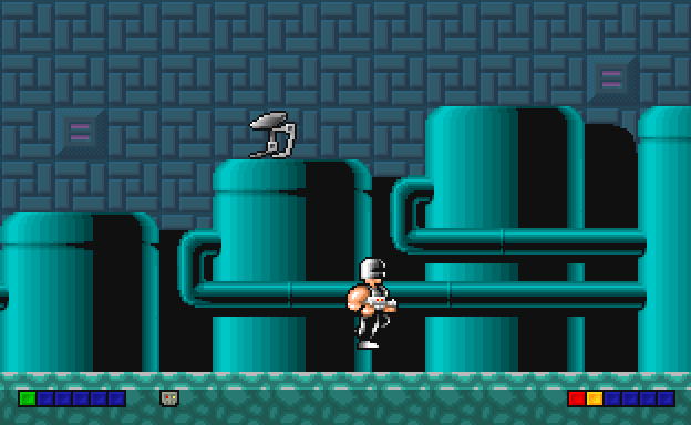 Electro Man in predominately blue level 1. There are large cylindrical tanks with gradient shading